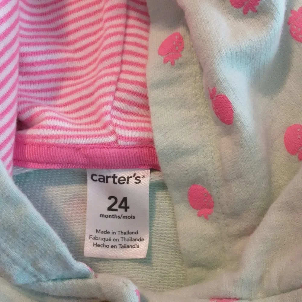 Carter's Jacket Buttoned With Hood Embroidered Strawberries Mint And Pink 24 Mos